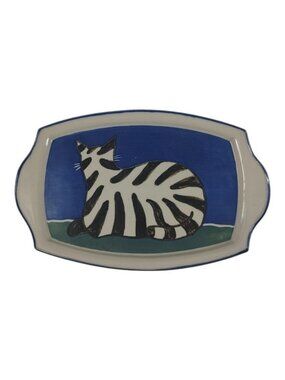 Studio Pottery Striped Cat Tray Signed Bush 10.75" x 6.75"